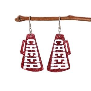 Red Glitter and White CHEER Megaphone Drop Earrings